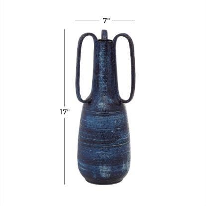 9" Blue Ceramic Vase With Handles(BlueAbstractAmphora7"x7"x17") - product image 2