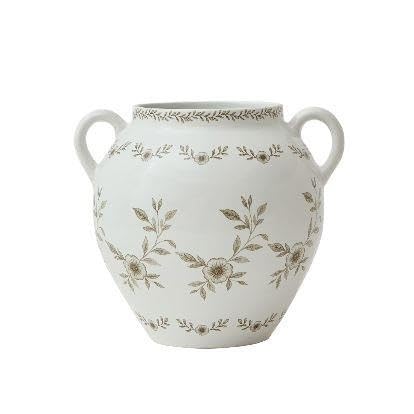 8 In White Ceramic Floral Vase With Double Handles, Green Design(Taupe)