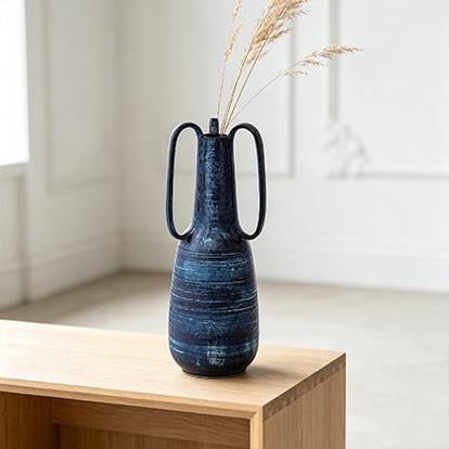 9" Blue Ceramic Vase With Handles(BlueAbstractAmphora7"x7"x17") - product image 6
