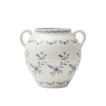 8 In White Ceramic Floral Vase With Double Handles, Green Design(White)
