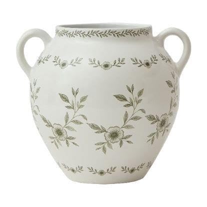 8 In White Ceramic Floral Vase With Double Handles, Green Design(Green)