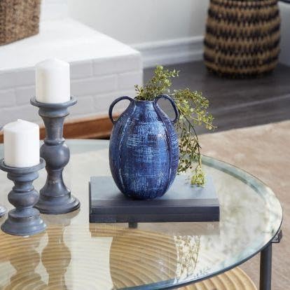 9" Blue Ceramic Vase With Handles(BlueAbstractRound6"x6"x9") - product image 3