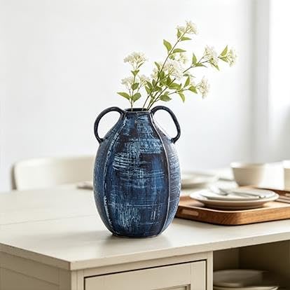 9" Blue Ceramic Vase With Handles(BlueAbstractRound6"x6"x9") - product image 5