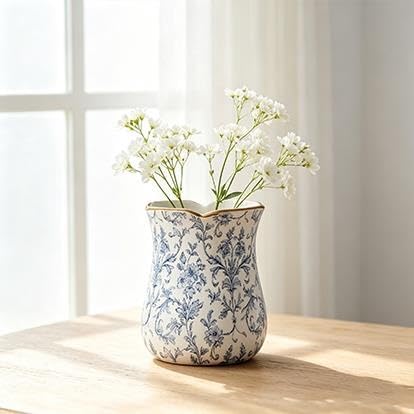 6 In White/Blue Floral Scallop Trim Ceramic Vase(8") - product image 5