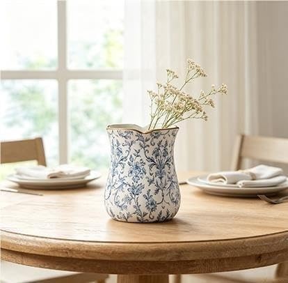 6 In White/Blue Floral Scallop Trim Ceramic Vase(8") - product image 7