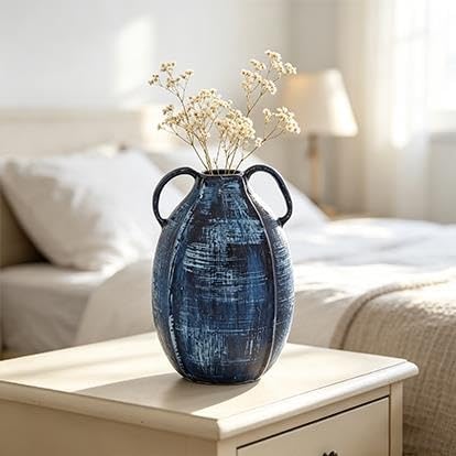 9" Blue Ceramic Vase With Handles(BlueAbstractRound6"x6"x9") - product image 6