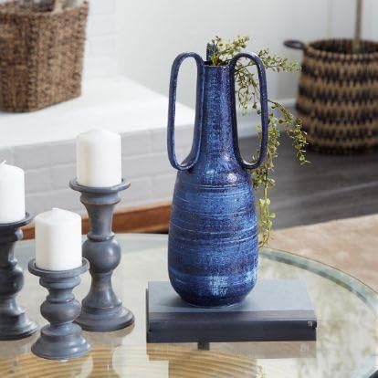 9" Blue Ceramic Vase With Handles(BlueAbstractAmphora7"x7"x17") - product image 3