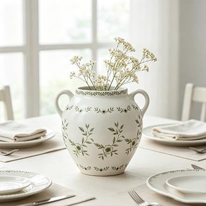 8 In White Ceramic Floral Vase With Double Handles, Green Design(Green) - product image 6