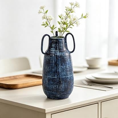 9" Blue Ceramic Vase With Handles(BlueAbstractRound6"x6"x13") - product image 5