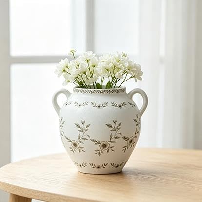 8 In White Ceramic Floral Vase With Double Handles, Green Design(Taupe) - product image 7