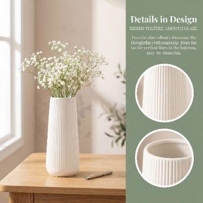 Ribbed Ceramic Vase For Flowers Cream Yellow 3.5"L X .5"W 7.9"H(Frostedwhite) - product image 2