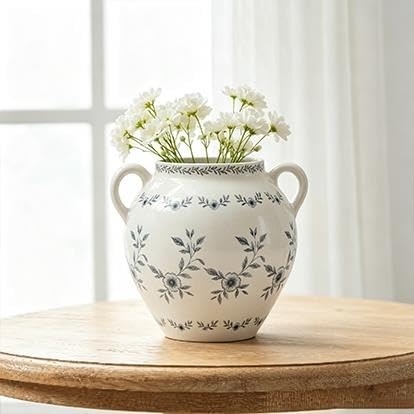 8 In White Ceramic Floral Vase With Double Handles, Green Design(White) - product image 6