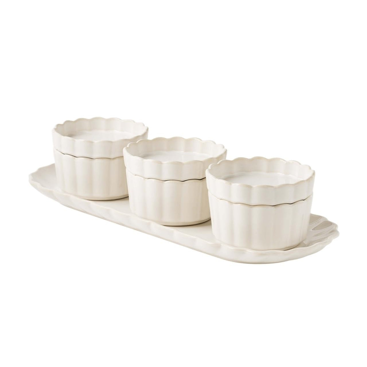 Cream Colette Style Serving Tray Set With 3 Bowls And Matching Lids, Multi-Purpose Ceramic Snack For Dips, Sauces And Table