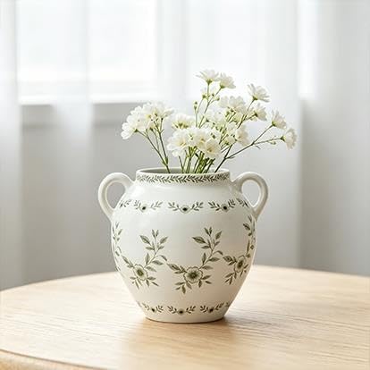 8 In White Ceramic Floral Vase With Double Handles, Green Design(Green) - product image 7