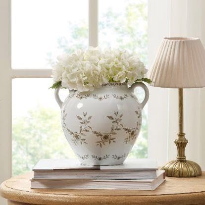 8 In White Ceramic Floral Vase With Double Handles, Green Design(Taupe) - product image 4
