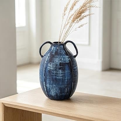 9" Blue Ceramic Vase With Handles(BlueAbstractRound6"x6"x9") - product image 7