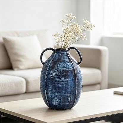 9" Blue Ceramic Vase With Handles(BlueAbstractRound6"x6"x9") - product image 4