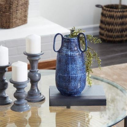 9" Blue Ceramic Vase With Handles(BlueAbstractRound6"x6"x13") - product image 3