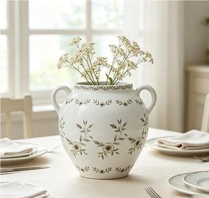 8 In White Ceramic Floral Vase With Double Handles, Green Design(Taupe) - product image 6