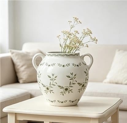 8 In White Ceramic Floral Vase With Double Handles, Green Design(Green) - product image 5