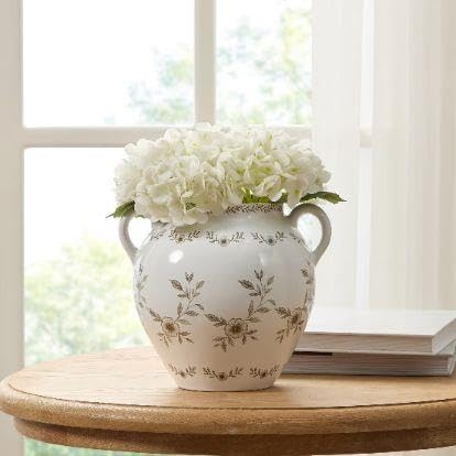 8 In White Ceramic Floral Vase With Double Handles, Green Design(Taupe) - product image 3