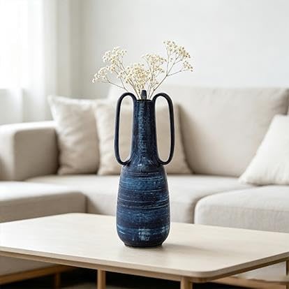 9" Blue Ceramic Vase With Handles(BlueAbstractAmphora7"x7"x17") - product image 7