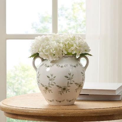 8 In White Ceramic Floral Vase With Double Handles, Green Design(Green) - product image 3