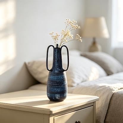 9" Blue Ceramic Vase With Handles(BlueAbstractAmphora7"x7"x17") - product image 5