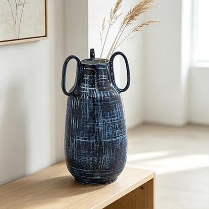 9" Blue Ceramic Vase With Handles(BlueAbstractRound6"x6"x13") - product image 7