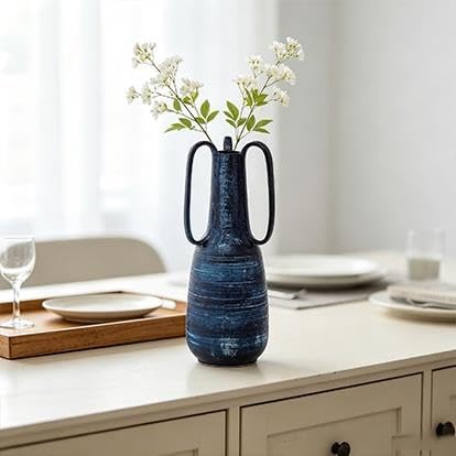 9" Blue Ceramic Vase With Handles(BlueAbstractAmphora7"x7"x17") - product image 4