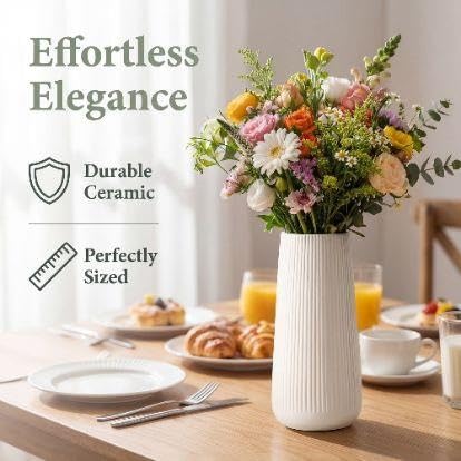 Ribbed Ceramic Vase For Flowers Cream Yellow 3.5"L X .5"W 7.9"H(Frostedwhite) - product image 3