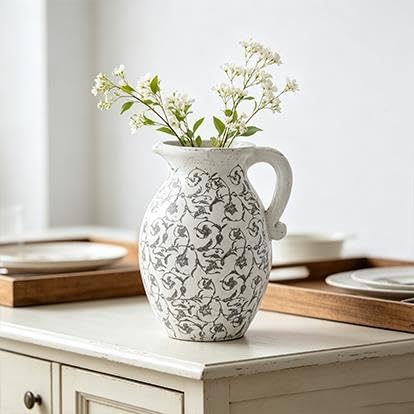 9 In Ivory Scroll Pattern Ceramic Pitcher Vase - product image 6