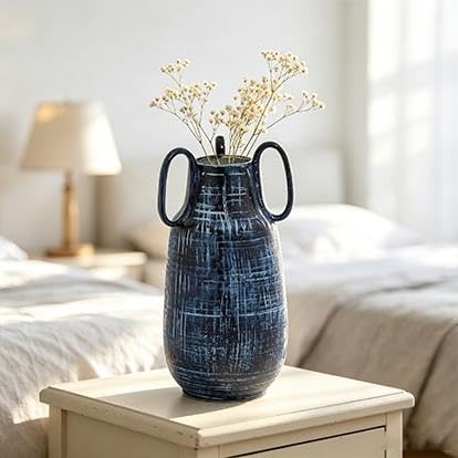 9" Blue Ceramic Vase With Handles(BlueAbstractRound6"x6"x13") - product image 6