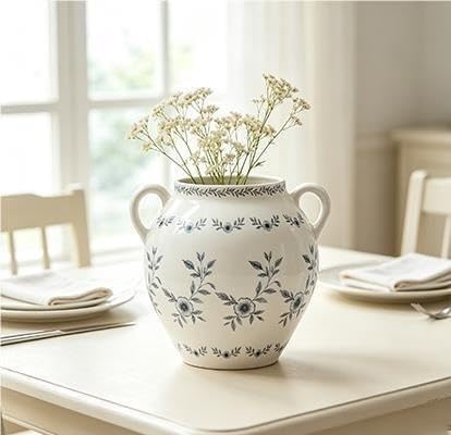 8 In White Ceramic Floral Vase With Double Handles, Green Design(White) - product image 5