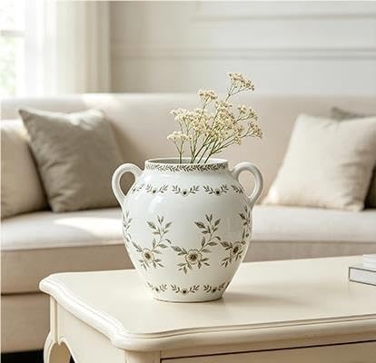 8 In White Ceramic Floral Vase With Double Handles, Green Design(Taupe) - product image 5