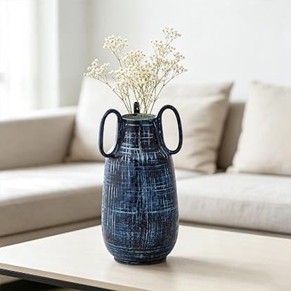 9" Blue Ceramic Vase With Handles(BlueAbstractRound6"x6"x13") - product image 4