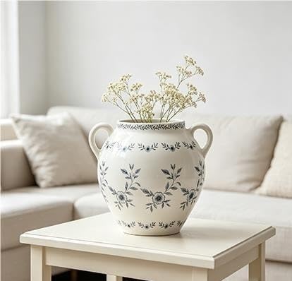 8 In White Ceramic Floral Vase With Double Handles, Green Design(White) - product image 7