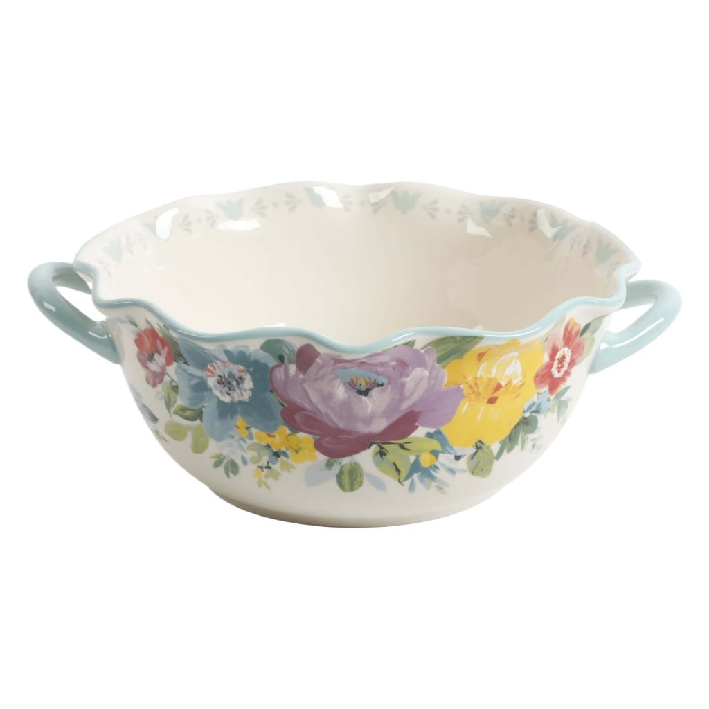 Sweet Romance Blossom Ceramic Serving Bowl With Dual Side Handles, 9.9-Inch Floral Scalloped Edge Dish For Salad, Dishes And Food Mixing