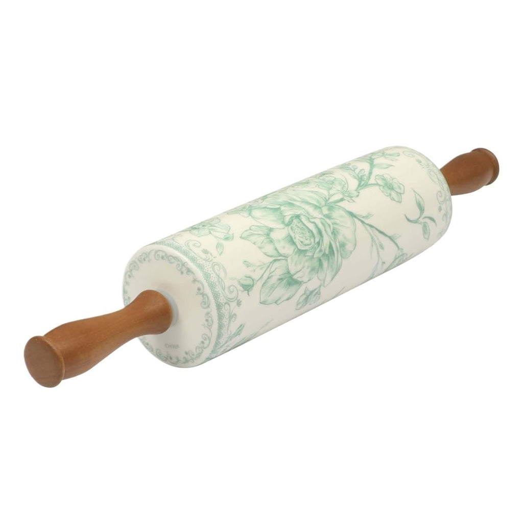 Green Floral Stoneware Rolling Pin With Wooden Handles, 18.25 Inch Smooth Ceramic Dough Roller For Pie Pizza Baking Kitchen Tool