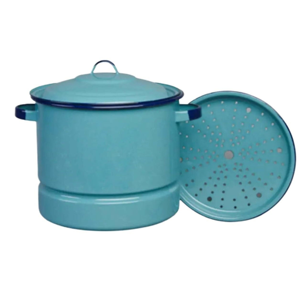 15 Quart Turquoise Blue Enamel on Steel Stockpot with Lid and Steaming Trivet