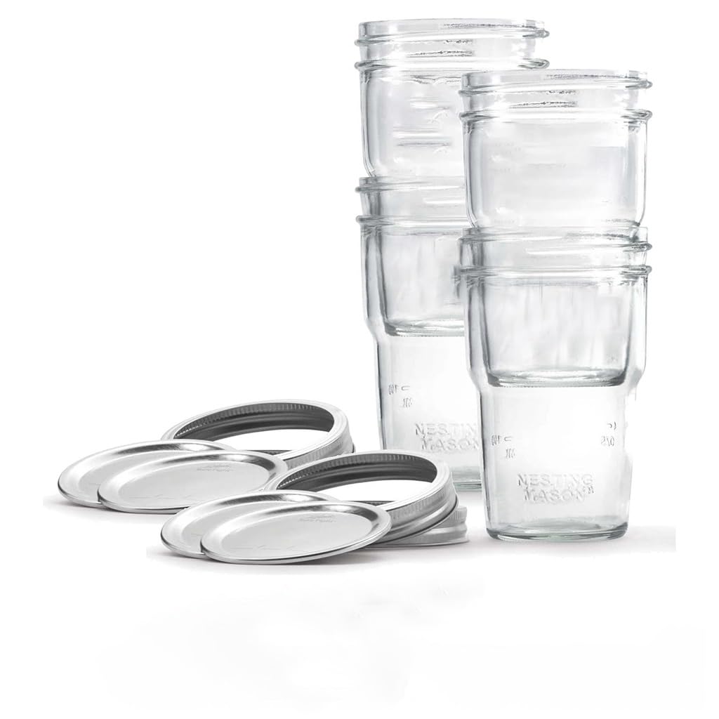 2 Pack Nesting Wide Mouth Pint Mason Jars 4-Count, 16oz BPA-Free Glass Canning With Airtight Lids & Bands, Space-Saving Stackable Nestable For Preserving, Drinks & On-the-Go Use
