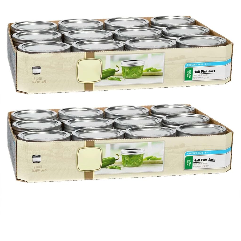 2 Pack Kerr 8oz Wide Mouth Half Pint Canning Jars, 12-Count Food-Grade Glass Mason With Sure Tight Lids & Bands, BPA-Free Freezer Safe Storage For Preserves, Baby Food & DIY Crafts