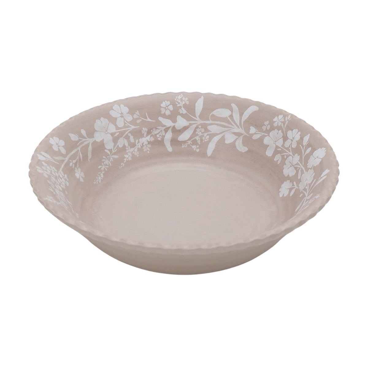 Beige Daisy 12-Piece Bamboo Melamine Dinnerware Set, Scalloped Floral Plates & Cereal Bowls, Dishwasher Safe Not Microwavable