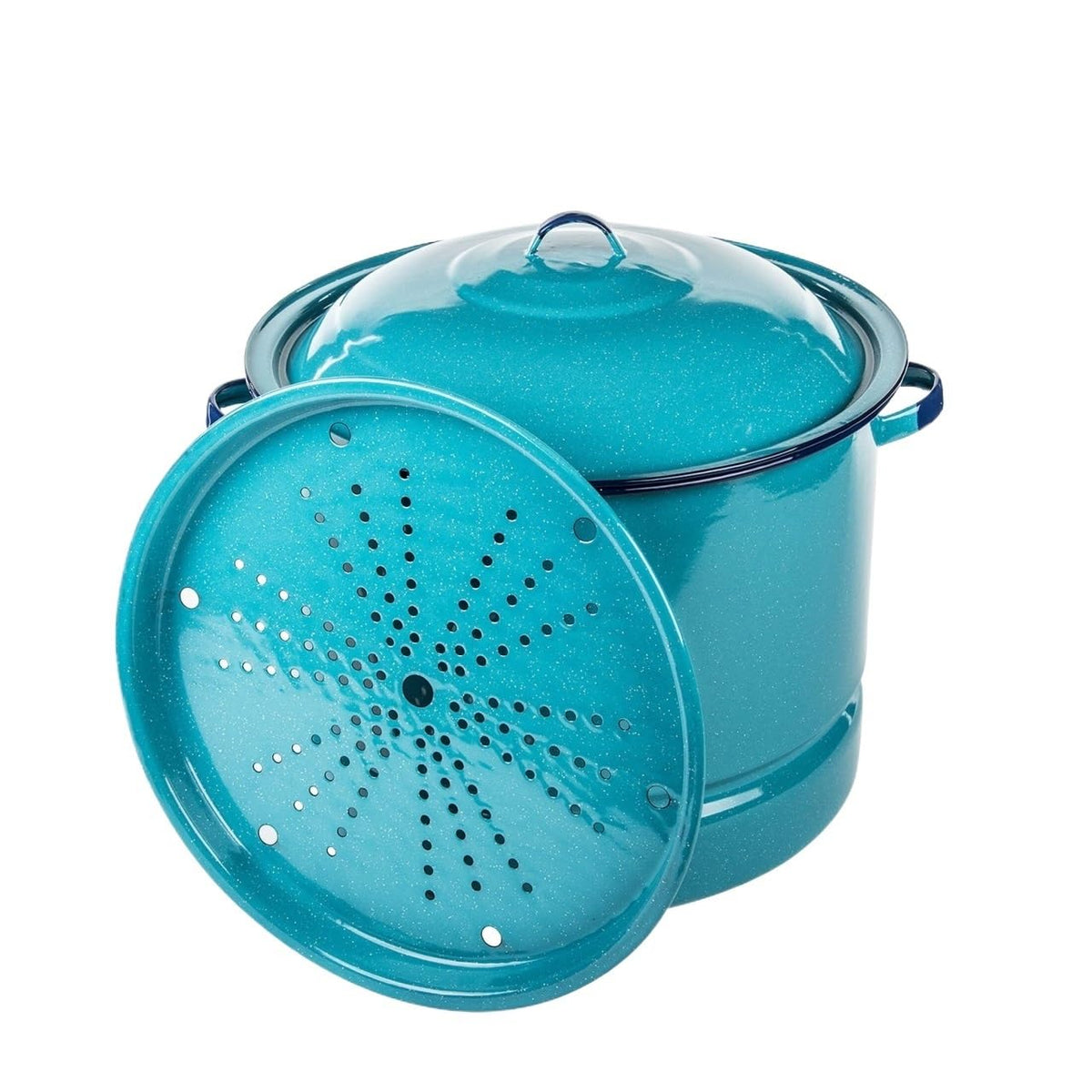 34 Quart Blue Enamel Steel Steaming Pot, Comes With Matching Lid And Trivet