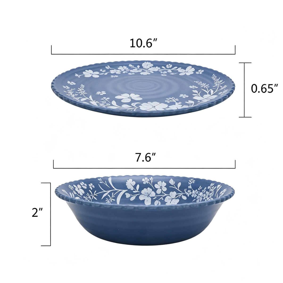Blue Daisy 12-Piece Bamboo Melamine Dinnerware Set By , Scalloped Floral Plates & Bowls Service For 4 product image