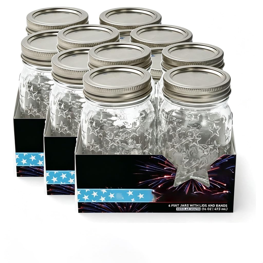 (3 Pack) Limited Edition Americana Pint Glass Canning Jars, 16oz Regular Mouth Storage With Lids & Bands, Star Embossed Collectible Preserving Containers, 4 Per Set