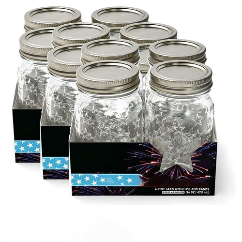 (3 Pack) Limited Edition Americana Pint Glass Canning Jars, 16oz Regular Mouth Storage With Lids & Bands, Star Embossed Collectible Preserving Containers, 4 Per Set