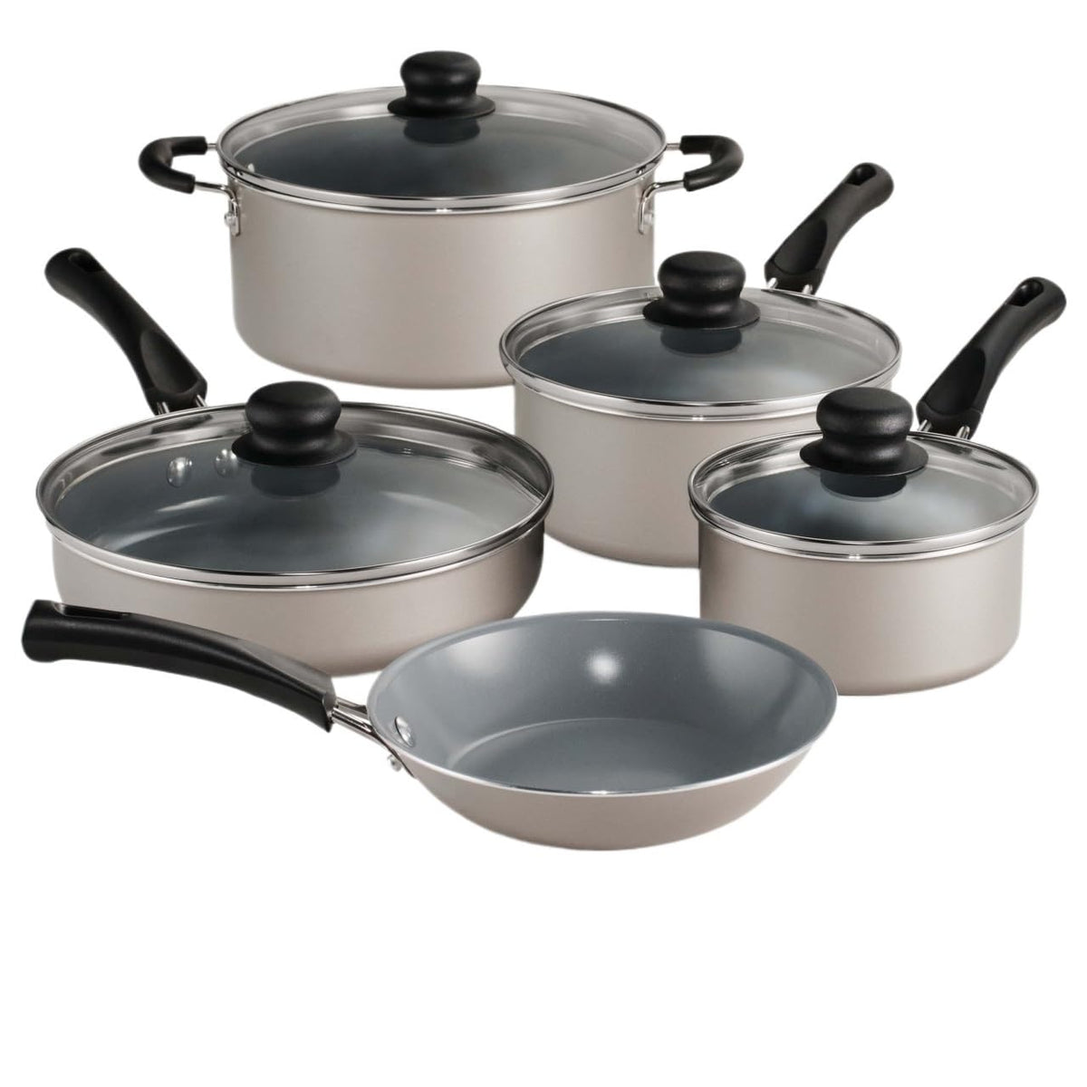 9-Piece Champagne Ceramic Nonstick Cookware Set, Induction Compatible Aluminum Pots And Pans With Tempered Glass Lids & Stay Cool Riveted Handles