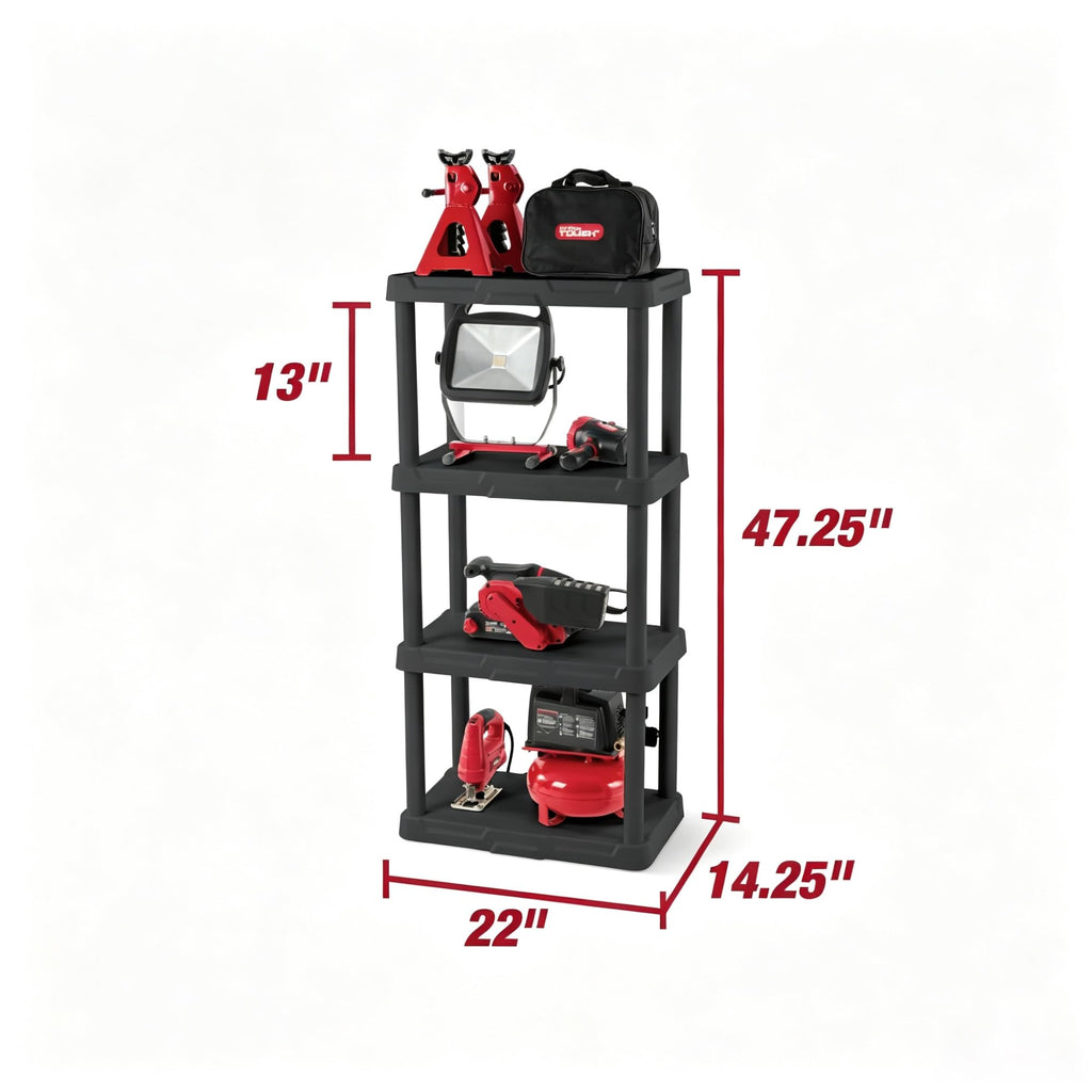 4-Tier Black Plastic Storage Shelf, 22"W X 14"D 47"H, 200 Lbs Total Load Capacity (50 Per Shelf), Tool-Free Assembly, Multipurpose Organizer For Bedroom, Bathroom, Garage & Kids Room product image