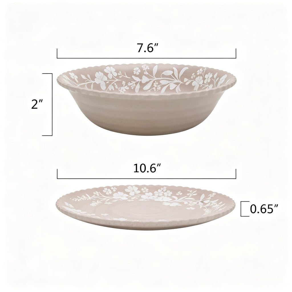 Beige Daisy 12-Piece Bamboo Melamine Dinnerware Set, Scalloped Floral Plates & Cereal Bowls, Dishwasher Safe Not Microwavable product image